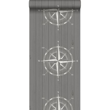 ESTAhome behangpapier kompasroos op sloophout wit en grijs - 0,53 x 10,05 m - 138976