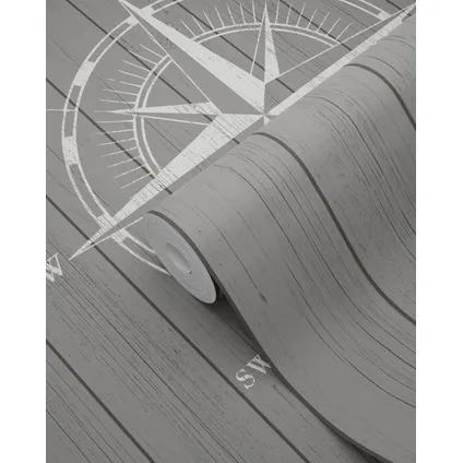 ESTAhome behang kompasroos op sloophout wit en grijs - 0,53 x 10,05 m - 138976 7