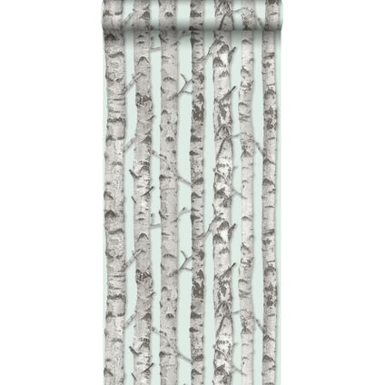 ESTAhome behangpapier berken boomstammen mintgroen en warm grijs - 53 cm x 10,05 m