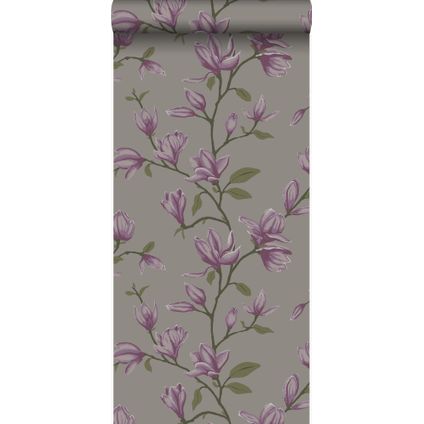 Origin Wallcoverings behangpapier magnolia taupe en aubergine paars - 53 cm x 10,05 m