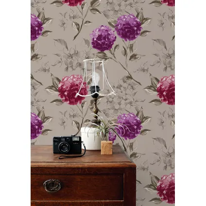 ESTAhome behang hortensia's taupe en aubergine paars - 53 cm x 10,05 m - 128024 2