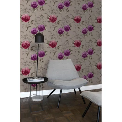 ESTAhome behang hortensia's taupe en aubergine paars - 53 cm x 10,05 m - 128024 4