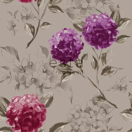 ESTAhome behang hortensia's taupe en aubergine paars - 53 cm x 10,05 m - 128024 5