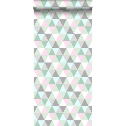 ESTAhome behang driehoekjes mintgroen, roze en grijs - 53 cm x 10,05 m - 128706