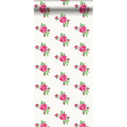 ESTAhome behang geborduurde roosjes roze en groen - 53 cm x 10,05 m - 138144