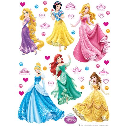 Disney muursticker prinsessen blauw, geel, roze en paars - 65 x 85 cm - 600102
