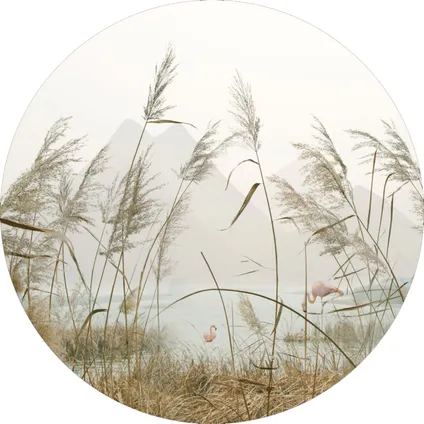 papier peint panoramique rond adhésif paysage tropical avec des flamants roses beige, rose et gris
