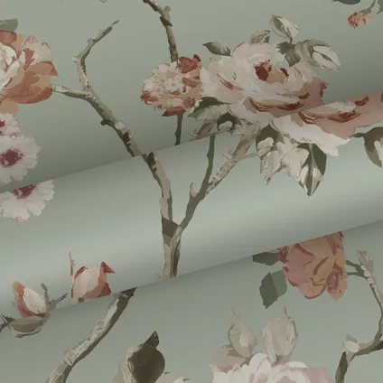 ESTAhome behang vintage bloemen vergrijsd mintgroen en zacht roze - 0.53 x 10.05 m 9