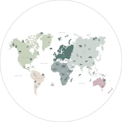 ESTAhome zelfklevende behangcirkel wereldkaart voor kinderen mintgroen, grijs en roze