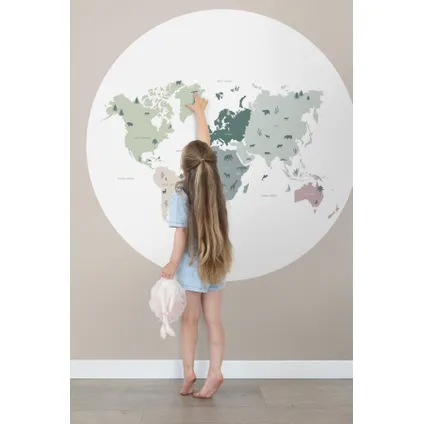 ESTAhome zelfklevende behangcirkel wereldkaart voor kinderen mintgroen, grijs en roze 2