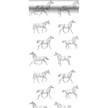 ESTAhome behang getekende paarden zwart op wit - 53 cm x 10,05 m - 128807
