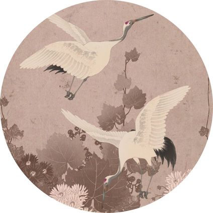 ESTAhome papier peint panoramique rond adhésif oiseaux de grue gris rose - Ø 70 cm - 158995
