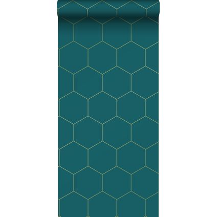 ESTAhome behangpapier hexagon petrolblauw en goud - 0,53 x 10,05 m - 139455