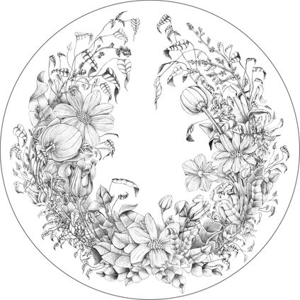 ESTAhome zelfklevende behangcirkel bloemtekeningen zwart wit - Ø 140 cm - 159109