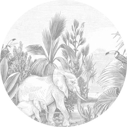 ESTAhome zelfklevende behangcirkel jungle-motief grijs - Ø 140 cm - 159086