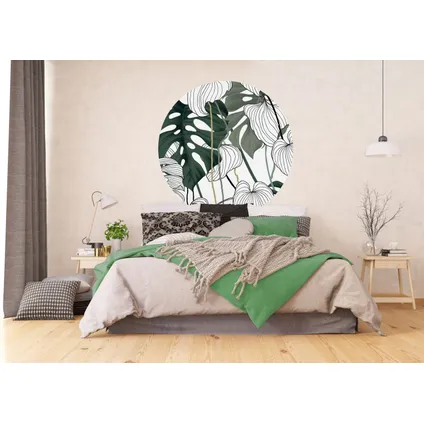 zelfklevende behangcirkel tropische jungle bladeren groen, wit en zwart 2