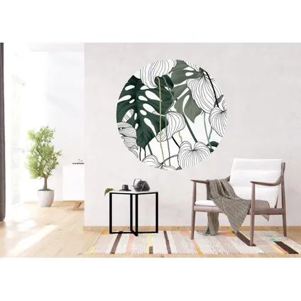 zelfklevende behangcirkel tropische jungle bladeren groen, wit en zwart 5
