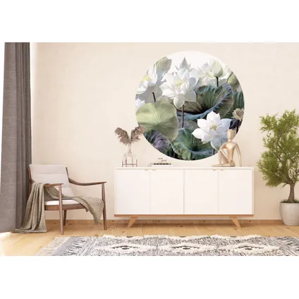 zelfklevende behangcirkel tropische bladeren en bloemen groen en wit 4