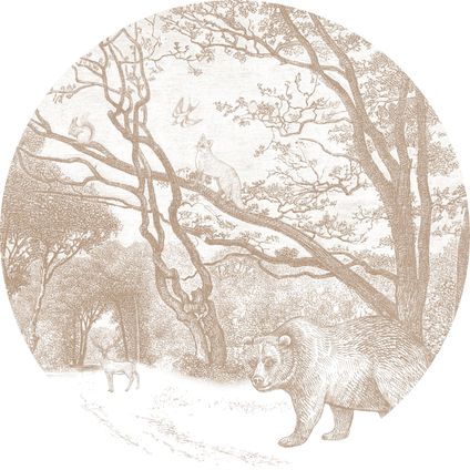 ESTAhome papier peint panoramique rond adhésif forêt avec des animaux de la forêt beige - Ø 140 cm
