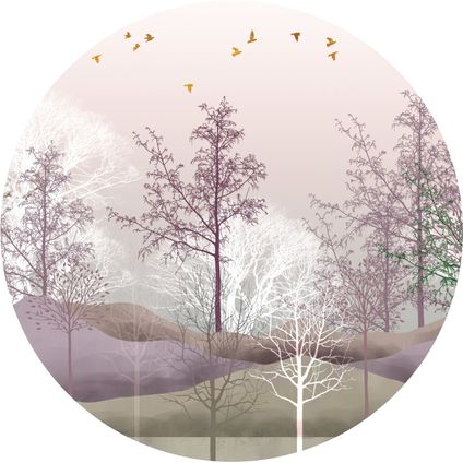 zelfklevende behangcirkel berglandschap met bomen paars, roze en wit
