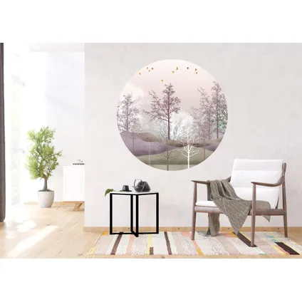 zelfklevende behangcirkel berglandschap met bomen paars, roze en wit 5