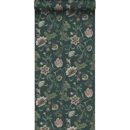ESTAhome behang vintage bloemen antraciet grijs en groen - 0.53 x 10.05 m - 139415