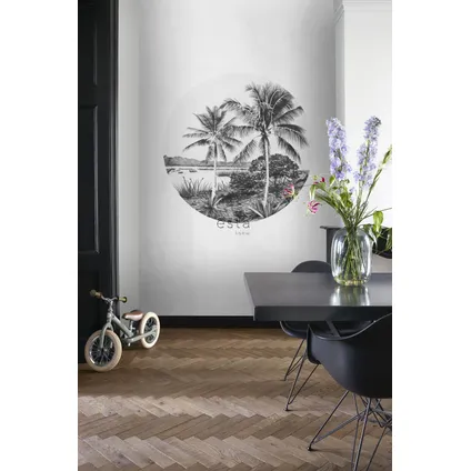 ESTAhome papier peint panoramique rond adhésif paysage tropical avec des palmiers noir et blanc 3