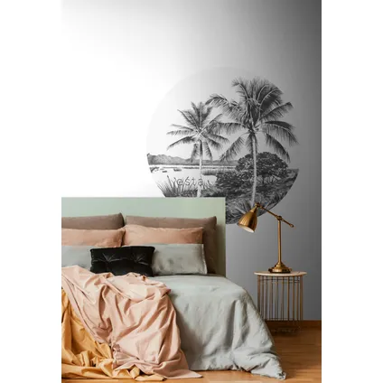 ESTAhome papier peint panoramique rond adhésif paysage tropical avec des palmiers noir et blanc 6