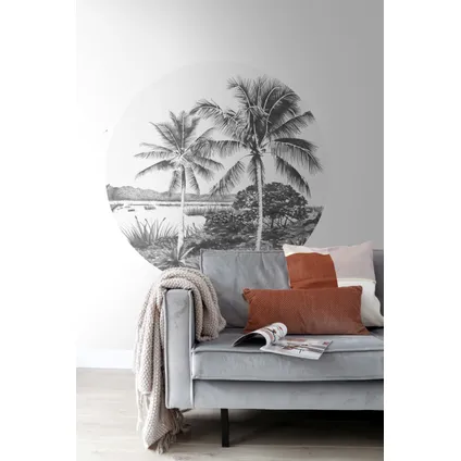 ESTAhome zelfklevende behangcirkel tropisch landschap met palmbomen zwart wit 8