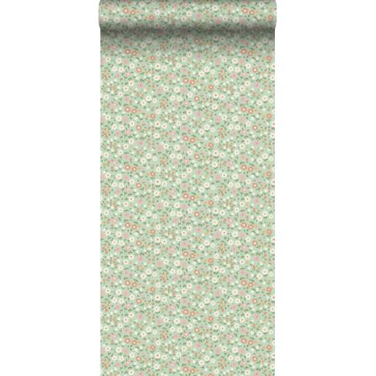 ESTAhome behang bloemetjes groen, terracotta roze en wit - 50 x 900 cm - 139470