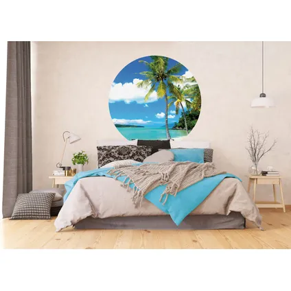 papier peint panoramique rond adhésif paysage tropical avec des palmiers bleu et vert 2