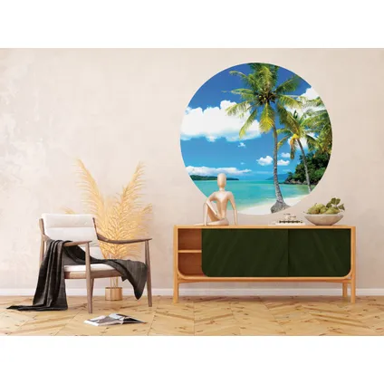 papier peint panoramique rond adhésif paysage tropical avec des palmiers bleu et vert 3