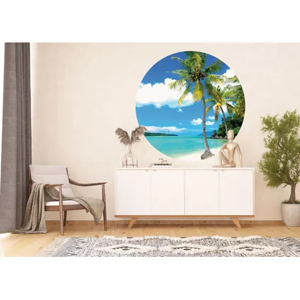 papier peint panoramique rond adhésif paysage tropical avec des palmiers bleu et vert 4