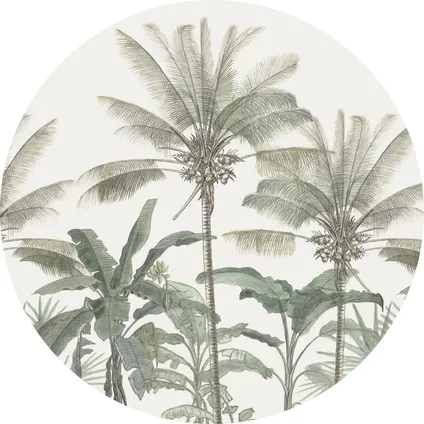 ESTAhome papier peint panoramique rond adhésif palmiers beige clair et vert grisé - Ø 140 cm