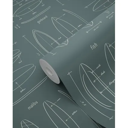 ESTAhome behangpapier technische tekeningen van surfplanken vergrijsd groen 7
