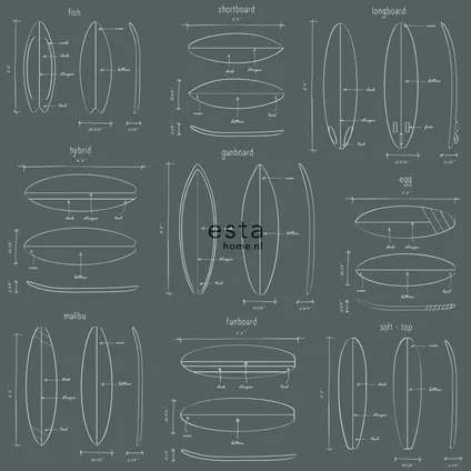 ESTAhome behangpapier technische tekeningen van surfplanken vergrijsd groen 8