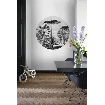 ESTAhome papier peint panoramique rond adhésif paysage tropical avec des palmiers noir et blanc 4