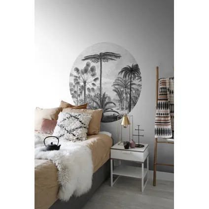 ESTAhome papier peint panoramique rond adhésif paysage tropical avec des palmiers noir et blanc 5