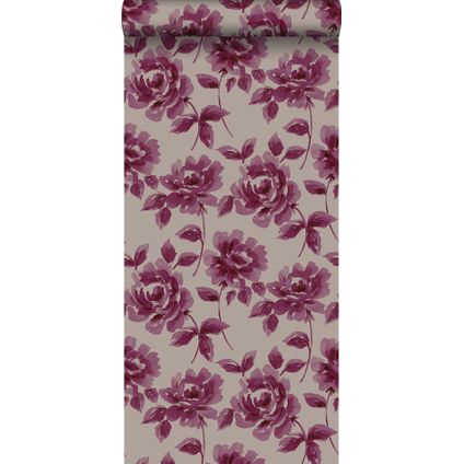ESTAhome papier peint roses peintes à l'aquarelle violet aubergine et taupe - 53 cm x 10,05 m