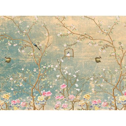 Sanders & Sanders fotobehang bloemen en vogels zeegroen - 3,5 x 2,7 m - 601001