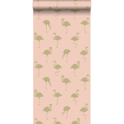 ESTAhome behangpapier flamingo's goud en perzik roze - 0,53 x 10,05 m - 138994
