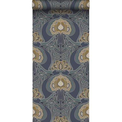 ESTAhome behangpapier vintage bloemen in art nouveau stijl vergrijsd blauw