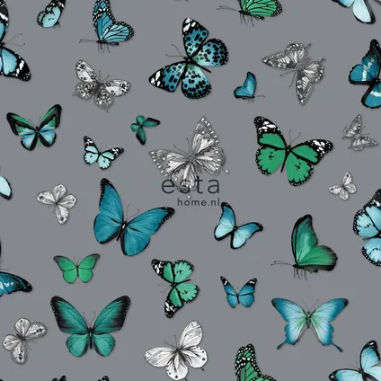 ESTAhome behangpapier vlinders zilver en turquoise - 53 cm x 10,05 m - 138510 8