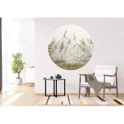 papier peint panoramique rond adhésif paysage tropical avec des flamants roses beige, rose et gris 5