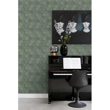 Origin Wallcoverings eco-texture vliesbehangpapier 3d hexagon motief vergrijsd groen 2