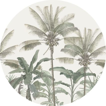 ESTAhome papier peint panoramique rond adhésif palmiers beige clair et vert grisé - Ø 70 cm - 158983