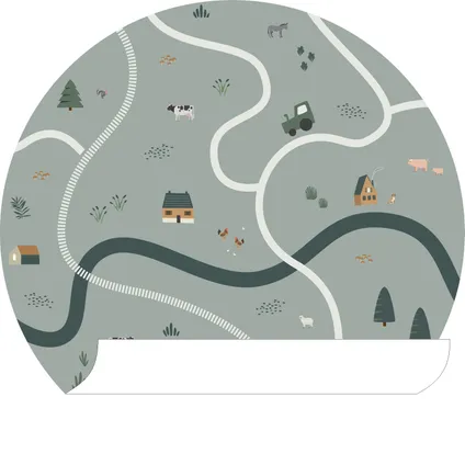 ESTAhome papier peint panoramique rond adhésif tracteurs et animaux de la ferme vert grisé - Ø 70 cm 4