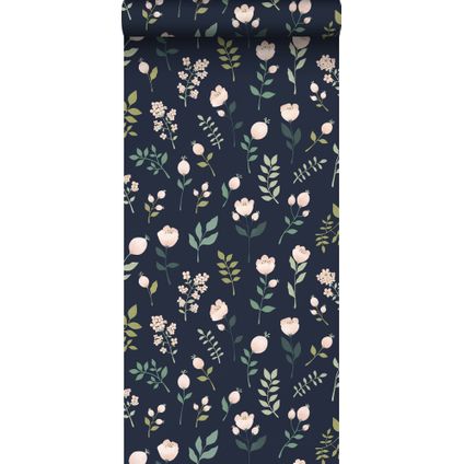 ESTAhome behangpapier bloemen donkerblauw, roze en groen - 0,53 x 10,05 m - 139341