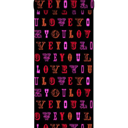 ESTAhome behangpapier love you - quotes zwart en roze - 53 cm x 10,05 m - 136837