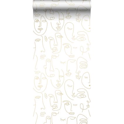 ESTAhome behangpapier line art gezichten wit en glanzend goud - 0,53 x 10,05 m